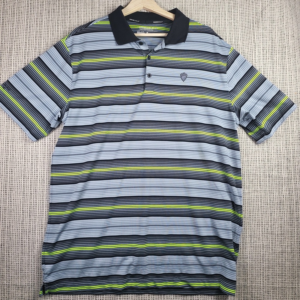 Nike Golf Polo Shirt Mens Large Blue Gray Striped Dri-Fit Spanish Oaks Club